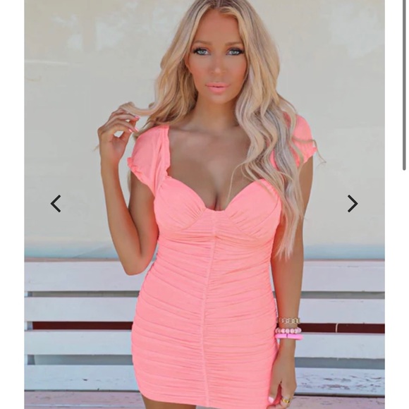 Carlie Coral Ruched Bodycon Mini Dress, NWT - Picture 2 of 6